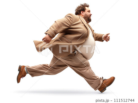 Fat man running, big man exercising, white background, AI generate. 111512744