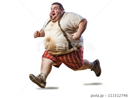 Fat man running, big man exercising, white background, AI generate. 111512746