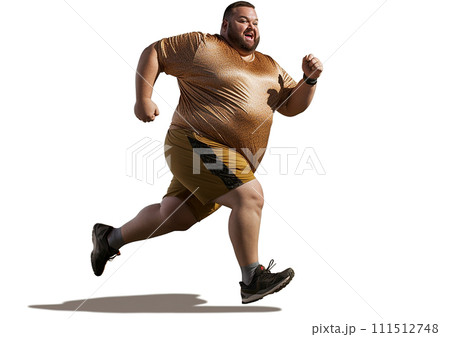 Fat man running, big man exercising, white background, AI generate. 111512748