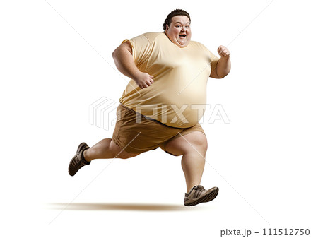 Fat man running, big man exercising, white background, AI generate. 111512750