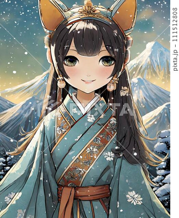 雪の中で着物姿の女の子のイラスト素材 [111512808] - PIXTA