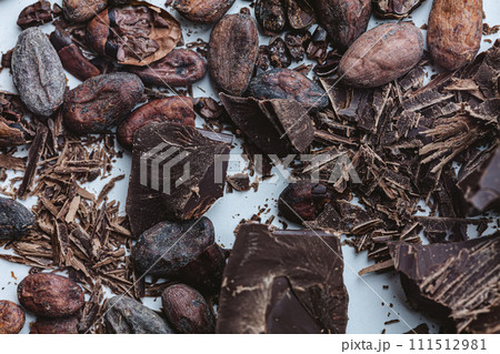 Cocoa beans with chocolate on a white background. Shalllow dof. 111512981