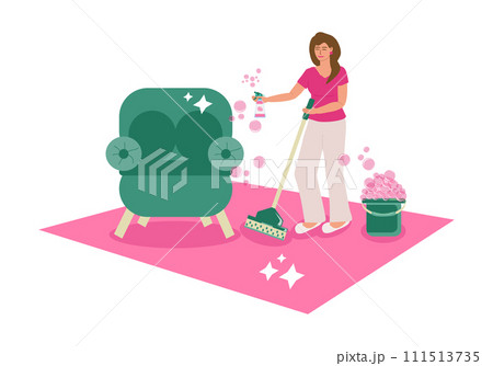 Housewife cleaning carpet with mop 111513735