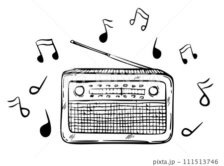 Radio with notes vector illustration. Hand drawn linear sketch of FM tuner painted by black inks. Drawing of old retro media equipment in outline style. Engraving of sound receiver for broadcast. Radio with notes vector illustration. Hand drawn linear sketch of FM tuner painted by black inks. Drawing of old retro media equipment in outline style. Engraving of sound receiver for broadcast. 111513746