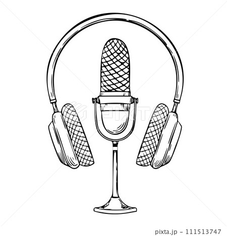 Microphone and Headphone vector illustration. Drawing of earphone and mike painted by black inks. Sketch of musical equipment for recording in liner style. Monochrome engraving of radio device. Microphone and Headphone vector illustration. Drawing of earphone and mike painted by black inks. Sketch of musical equipment for recording in liner style. Monochrome engraving of radio device. 111513747