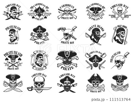 Big set of pirate emblems. Corsair, buccaneer. Design elements for logo, label, sign, poster, t shirt. Vector illustration 111513764