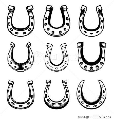 Set of illustrations of horseshoe. Design element for poster, card, logo, label, sign. Vector illustration 111513773