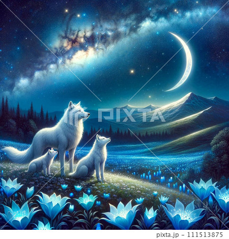 102. 銀河を見ている幻想のオオカミ 白狼親子と幻想空間のイラスト素材 [111513875] - PIXTA