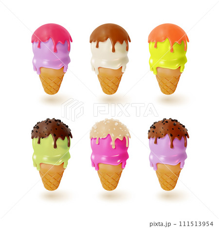 3d Different Tastes Waffle Cone with Scoops of Ice Cream Set Sweet Dessert Food Cartoon Style Isolated on a White Background. Vector illustration 111513954