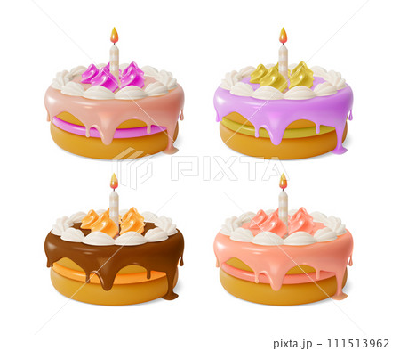 3d Different Birthday Cake with Candle Set Cartoon Style Whole Isolated on a White Background. Vector illustration 3d Different Birthday Cake with Candle Set Cartoon Style Whole Isolated on a White Background. Vector illustration 111513962