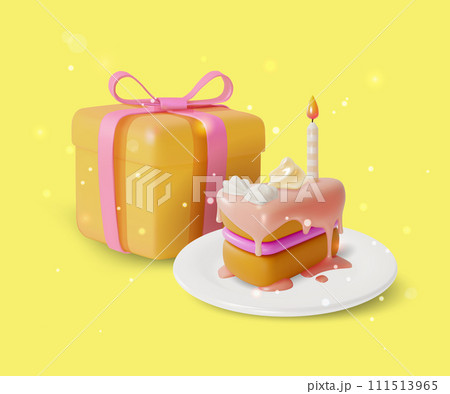 3d Piece Birthday Cake with Candle and Gift Box Cartoon Style Present for Anniversary. Vector illustration 3d Piece Birthday Cake with Candle and Gift Box Cartoon Style Present for Anniversary. Vector illustration 111513965