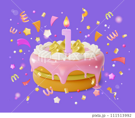 3d Birthday Cake with Candle and Confetti Popper Serpentine Cartoon Style . Vector illustration of Celebration Pie 111513992