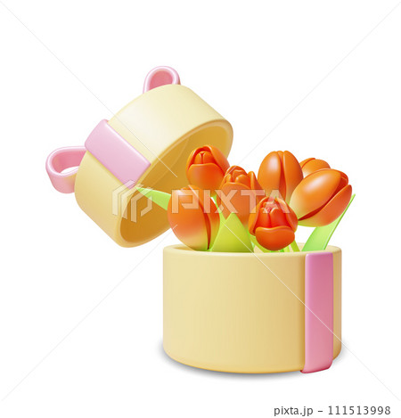 3d Tulips in Gift Box Cartoon Style Present for Birthday or Anniversary. Vector illustration of Flower Bouquet 111513998