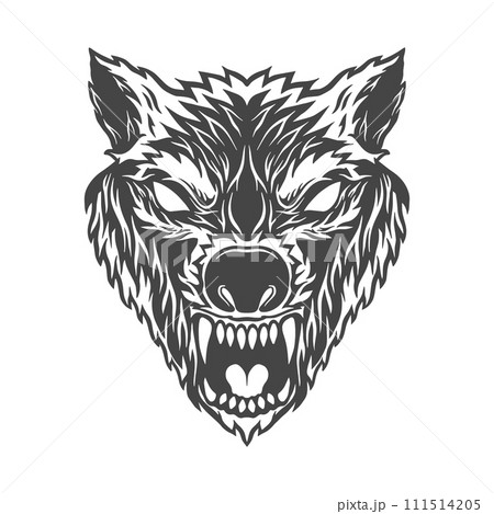 Illustration of angry wolf head in monochrome style. Design element for logo, label, sign, emblem, poster. Vector illustration Illustration of angry wolf head in monochrome style. Design element for logo, label, sign, emblem, poster. Vector illustration 111514205