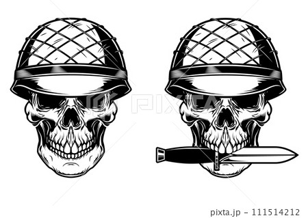 Illustration of soldier skull with knife. Design element for poster, card, banner,emblem, sign. Vector illustration 111514212