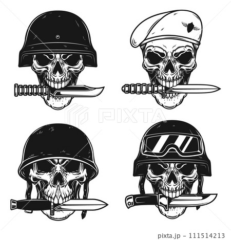 Set of Illustrations of skull in military helmet with knife in teeth in monochrome style. Design element for logo, label, sign, poster. Vector illustration Set of Illustrations of skull in military helmet with knife in teeth in monochrome style. Design element for logo, label, sign, poster. Vector illustration 111514213