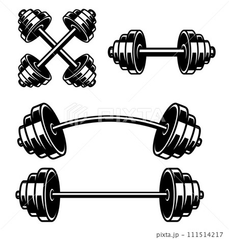 Set of illustrations of gym barbells. Design element for logo, label, sign, emblem, poster. Vector illustration 111514217