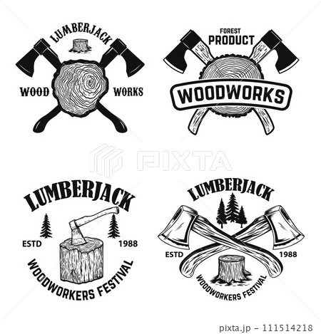 Set of crossed lumberjack axes on wooden stump background. Lumberjack wood works. Design element for logo, label, sign, poster. Vector illustration 111514218