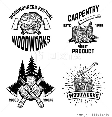 Set of crossed lumberjack axes on wooden stump background. Lumberjack wood works. Design element for logo, label, sign, poster. Vector illustration 111514219