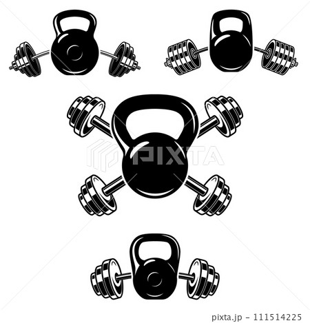 Kettlebell with crossed barbells. Design element for logo, label, sign, poster. Vector illustration Kettlebell with crossed barbells. Design element for logo, label, sign, poster. Vector illustration 111514225