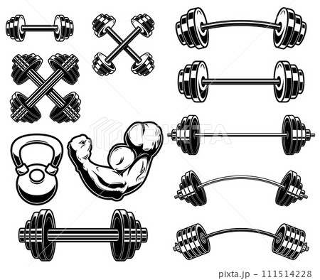 Set of illustrations of weightlifting barbells and dumbells . Design element for logo, label, sign, emblem, banner. Vector illustration Set of illustrations of weightlifting barbells and dumbells . Design element for logo, label, sign, emblem, banner. Vector illustration 111514228