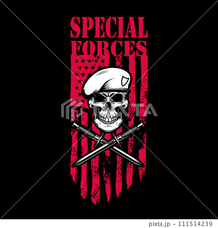 Special forces. Skull in army beret with crossed knives on american flag background. Design element for logo, label, sign, emblem. Vector illustration Special forces. Skull in army beret with crossed knives on american flag background. Design element for logo, label, sign, emblem. Vector illustration 111514239