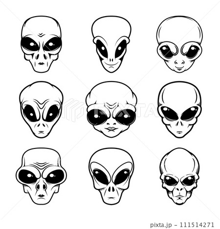 Illustration of alien head in monochrome style. Design element for logo, label, sign, emblem, poster. Vector illustration Illustration of alien head in monochrome style. Design element for logo, label, sign, emblem, poster. Vector illustration 111514271