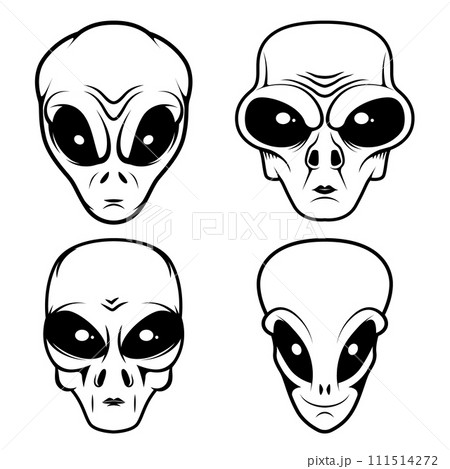 Illustration of alien head in monochrome style. Design element for logo, label, sign, emblem, poster. Vector illustration 111514272