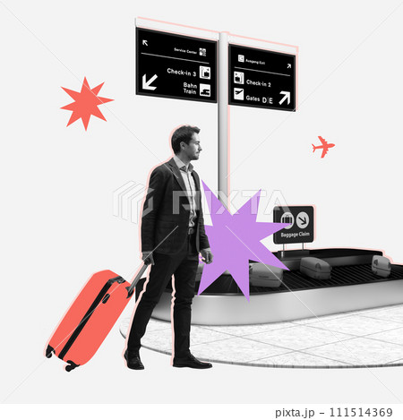 Businessman with suitcase, at airport signage going for a vacation Contemporary art collage. Worldwide partnership and communication 111514369