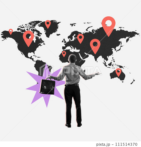 Businessman with briefcase spreading hands while looking at world map with destination pin. Choosing place for vacation. Contemporary art collage. Businessman with briefcase spreading hands while looking at world map with destination pin. Choosing place for vacation. Contemporary art collage. 111514370