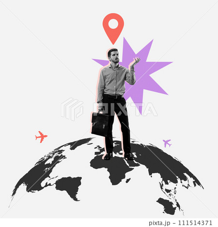 Businessman standing on globe with colorful location pin and abstract shapes. International conference promotion for global business networking opportunities 111514371