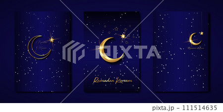 Ramadan Kareem 2024 vector set black card. Gold half moon on blue starry background. Golden holiday poster with text, islamic symbol. Concept Muslim religion banner, flyer, party invitation, sale shop 111514635