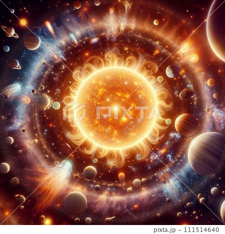 赤い太陽と宇宙の中に漂うウイルス 111514640