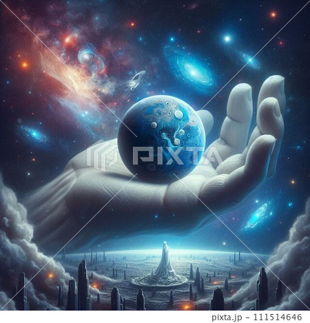 満月の下にある月のシルエットと夜空が反射した夜空に輝く海面に反射する抽象的な背景画 111514646