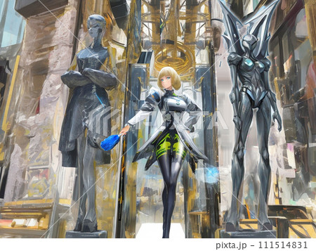 彫刻のホコリを取る未来美術館の女性館長 111514831