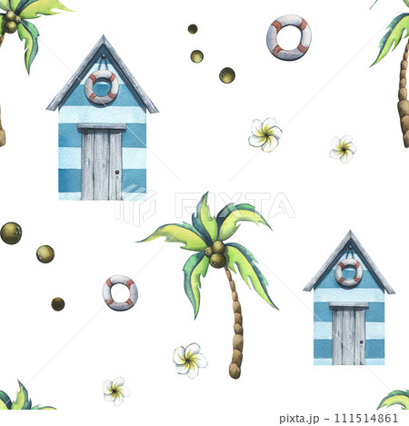 A tropical island with a beach house, a lifebuoy, coconut palms, leaves, coconuts. Watercolor illustration. Seamless pattern on a white background. For fabric, textiles, wallpaper, packaging, covers. 111514861