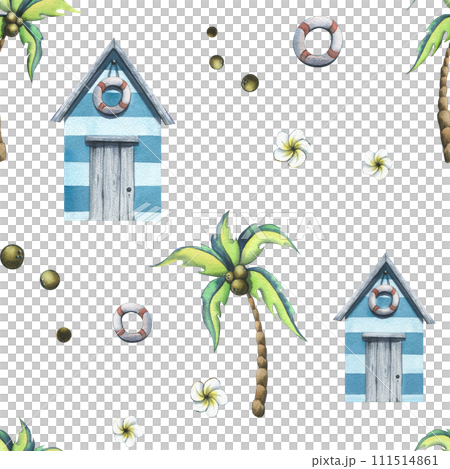 A tropical island with a beach house, a lifebuoy, coconut palms, leaves, coconuts. Watercolor illustration. Seamless pattern on a white background. For fabric, textiles, wallpaper, packaging, covers. A tropical island with a beach house, a lifebuoy, coconut palms, leaves, coconuts. Watercolor illustration. Seamless pattern on a white background. For fabric, textiles, wallpaper, packaging, covers. 111514861