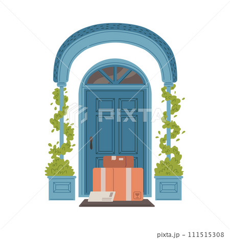 Home entrance blue door with arch, climbing plants, cardboard boxes near the door, vector delivery orders on house porch Home entrance blue door with arch, climbing plants, cardboard boxes near the door, vector delivery orders on house porch 111515308