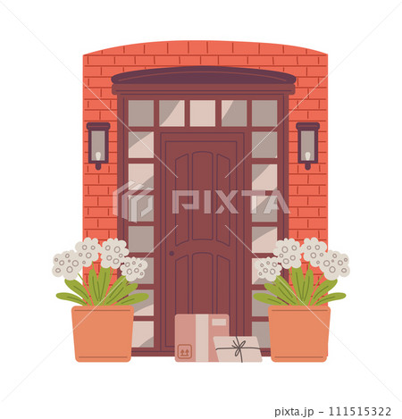 Home entrance wooden door in brick wall, vector cartoon house porch exterior with white flower pots and lanterns 111515322