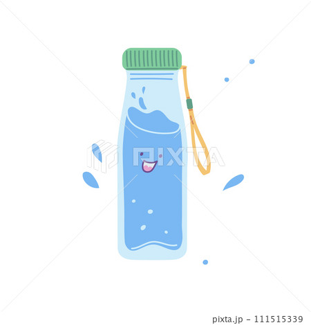 Plastic or glass bottle with green cover, lace full of clean water with smiling face, vector cartoon drink happy emoji 111515339