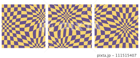 Set of Square 70s Vibes Groovy Checkerboard Patterns. Abstract Grid Backgrounds in a Psychedelic Retro Style in Yellow and Violet Colors 111515407