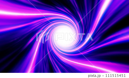 Neon colored purple hypertunnel spinning speed space tunnel made of twisted swirling energy magic glowing light lines abstract background. 111515451