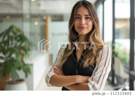 AI-generated content. Young Latina businesswoman, confident and smiling, in a modern office setting. 111515603