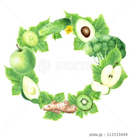 Watercolor wreath frame with green fruits and vegetables. Hand drawn food illustration isolated on white background. For clip art cards menu label package Watercolor wreath frame with green fruits and vegetables. Hand drawn food illustration isolated on white background. For clip art cards menu label package 111515684