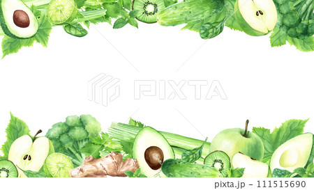 Horizontal banner, border, frame with green fruits and vegetables. Hand drawn watercolor food illustration isolated on white background. For clip art cards menu label package Horizontal banner, border, frame with green fruits and vegetables. Hand drawn watercolor food illustration isolated on white background. For clip art cards menu label package 111515690