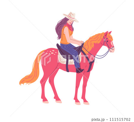 Smiling cowgirl in hat sitting on horse flat style, vector illustration 111515702