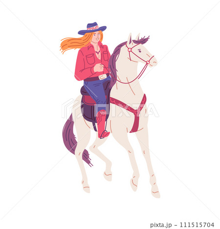 Cowgirl rides a white horse, American western rodeo ranger woman, vector cowgirl rider dressed in retro wild west style 111515704