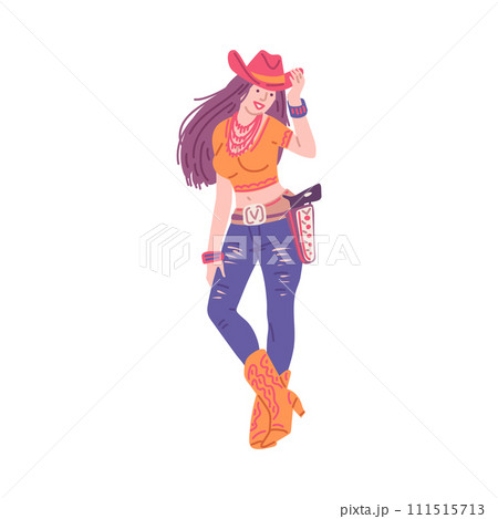Pretty western style cowgirl, cartoon style vector illustration isolated on white Pretty western style cowgirl, cartoon style vector illustration isolated on white 111515713