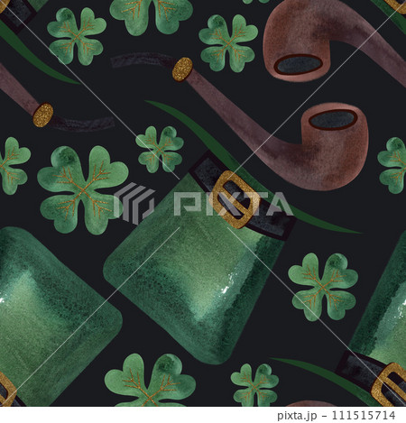Seamless pattern with symbols of Ireland. Wrapping paper for St. Patrick's Day. Watercolor in vintage style on a black background. Seamless pattern with symbols of Ireland. Wrapping paper for St. Patrick's Day. Watercolor in vintage style on a black background. 111515714