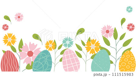 Colorful easter eggs with flowers and leaves at bottom of picture on white background. Cute hand drawn pattern design for Easter festival in vector illustration. 111515983